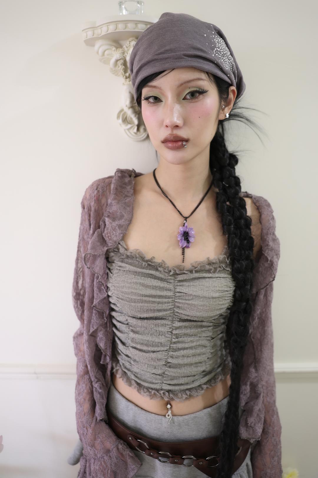 [Pink orchid house] Shirring lace frill top (3color) (Khaki)