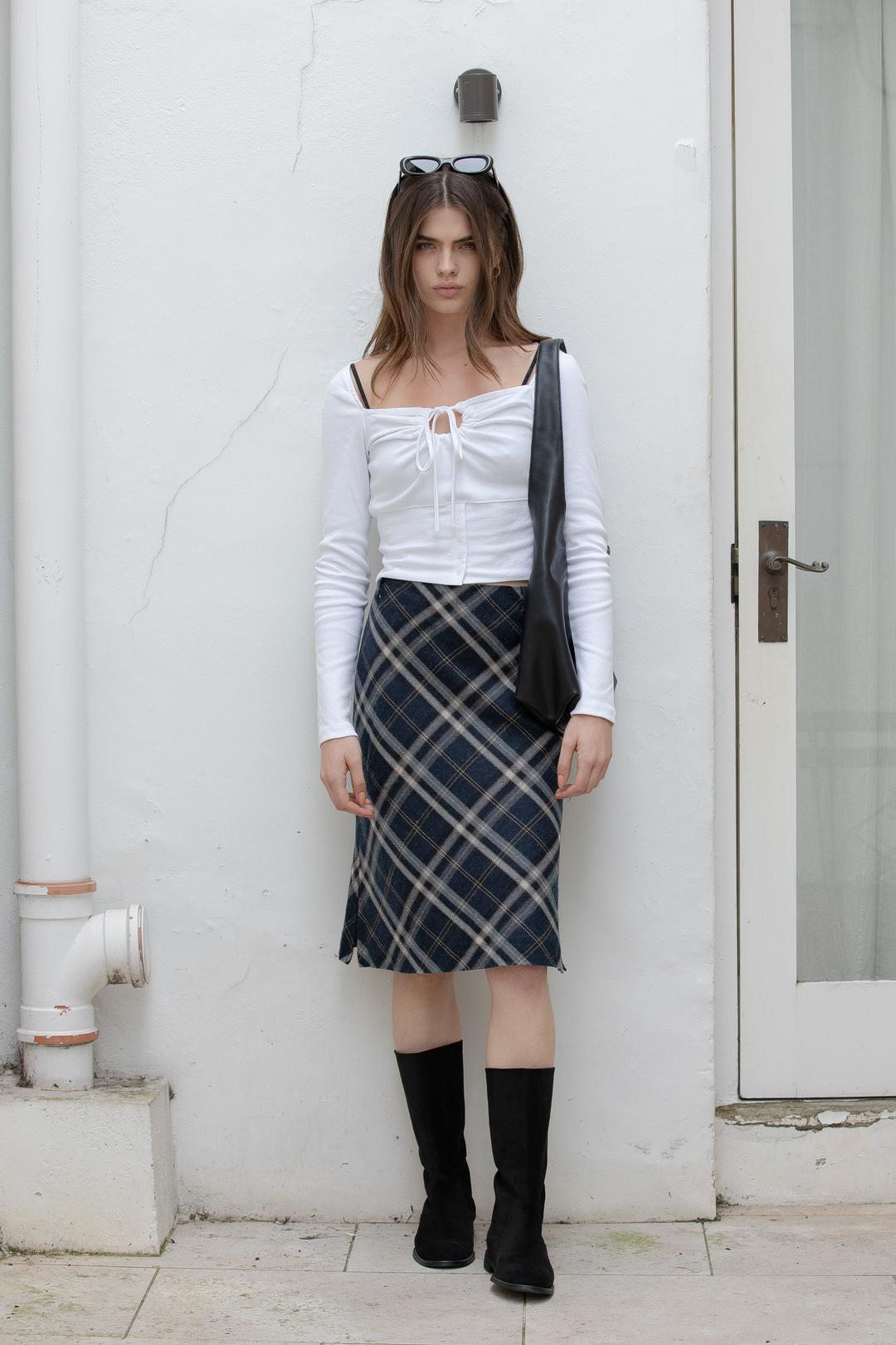 CHECK LONG SKIRT (NAVY/IVORY)