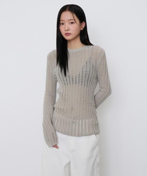 우먼즈 플랫 얀 버티컬 크로셰 크루 넥 니트 [라이트 웜 그레이]