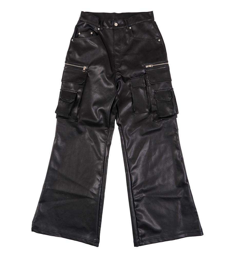 Flared Cargo Leather Pants - Black