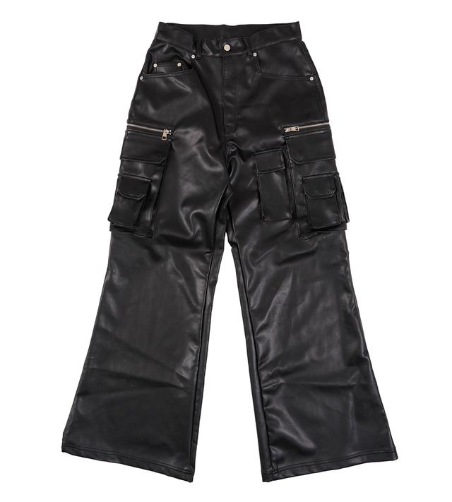 Flared Cargo Leather Pants - Black