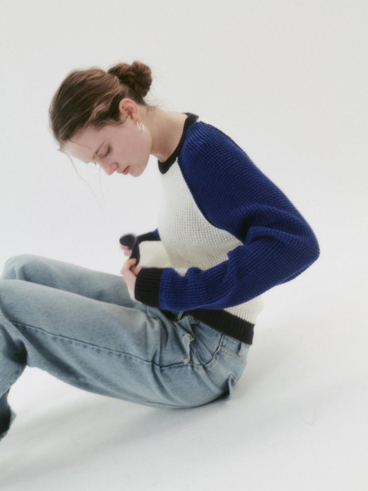 와플 배색 레글런 니트 - 아이보리 소라 네이비