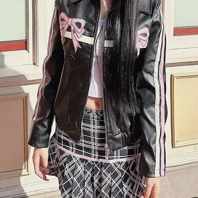 🎀 리본 자수 패치 투웨이 레더 가죽자켓 🎀