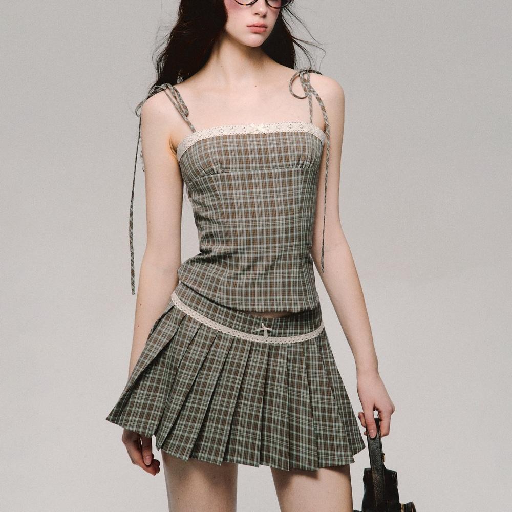 OAKMOO 체크 셋업 리본 민소매 플리츠 스커트 투피스
