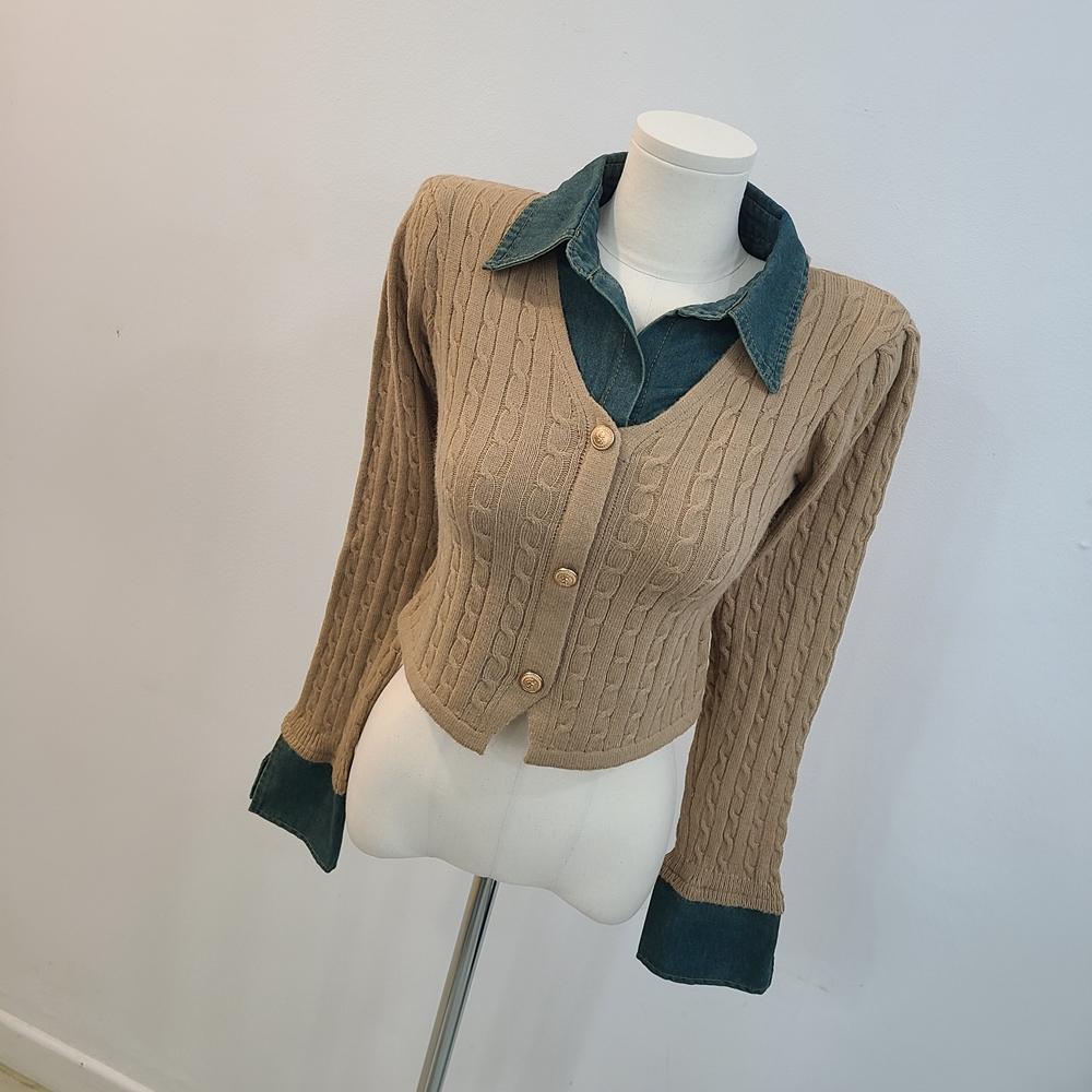 숏기장 데님카라 꽈배기니트 긴팔가디건 (업체별도 무료배송)