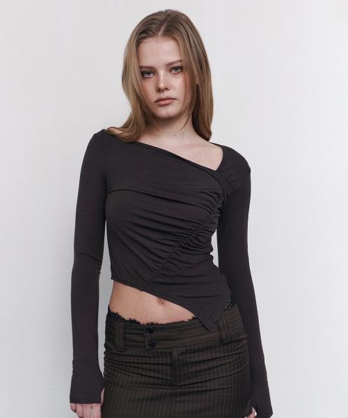 Sadie Unbal Shirring Long Sleeve Top (Deep Brown)