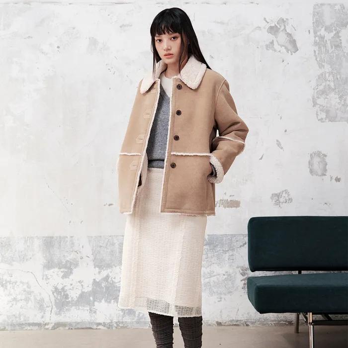 Shearling Suede Midi Jacket Beige (KE5X3VM03A)