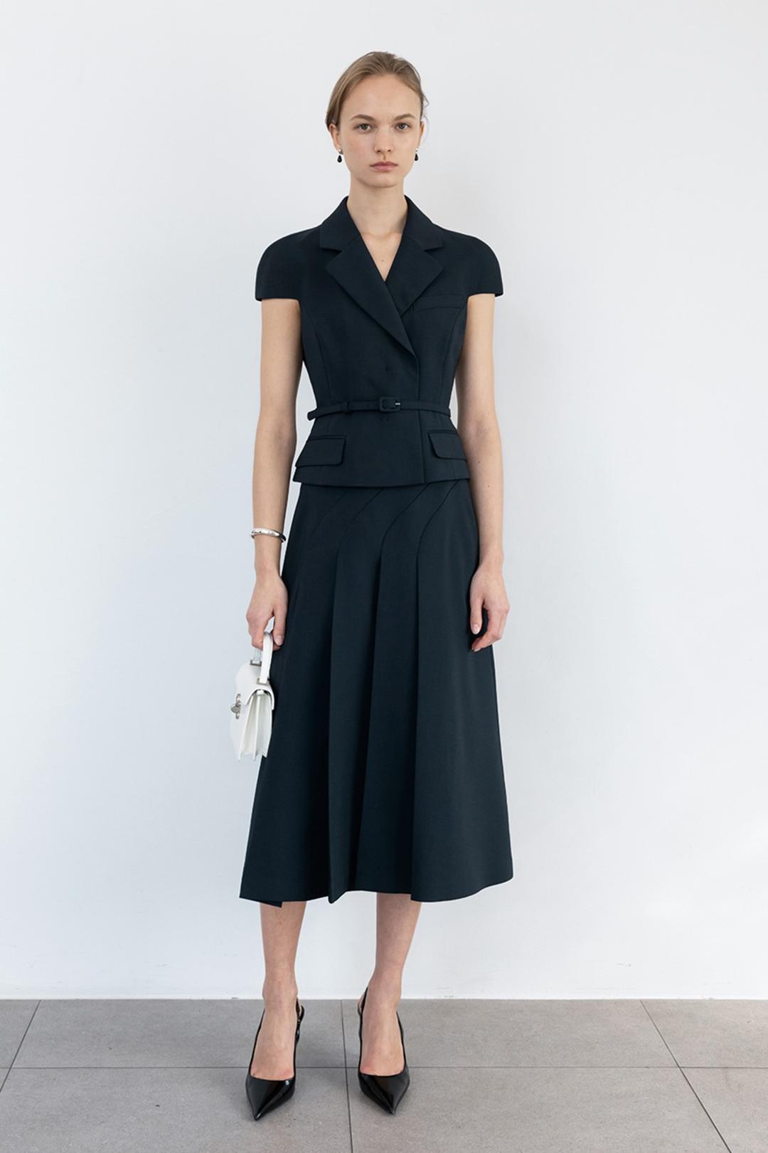 [SET] FLAVIA Cap sleeve belted blazer + CELESTE Asymmetric pleats long skirt (Navy)