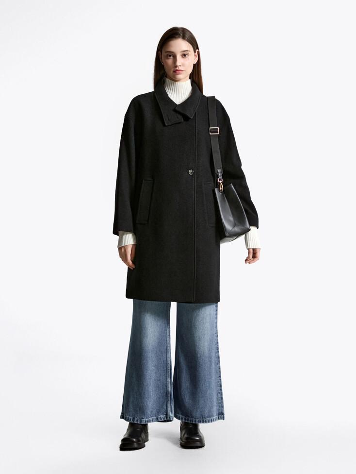 울 텍스처 퍼넬 넥 코트