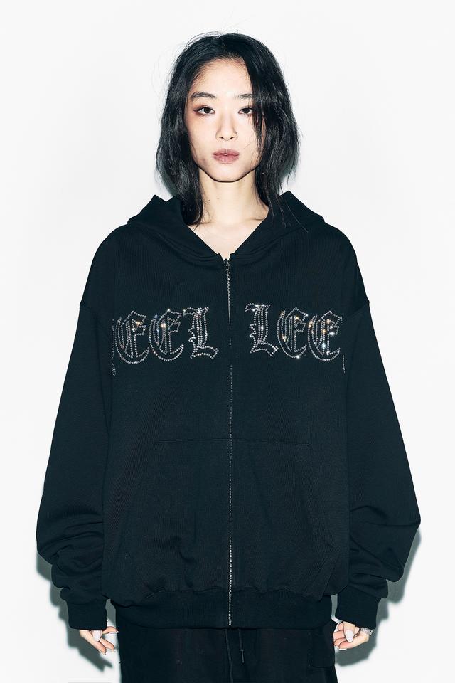 STUDDED ZIP-UP HOODIE OVERSIZED BLACK