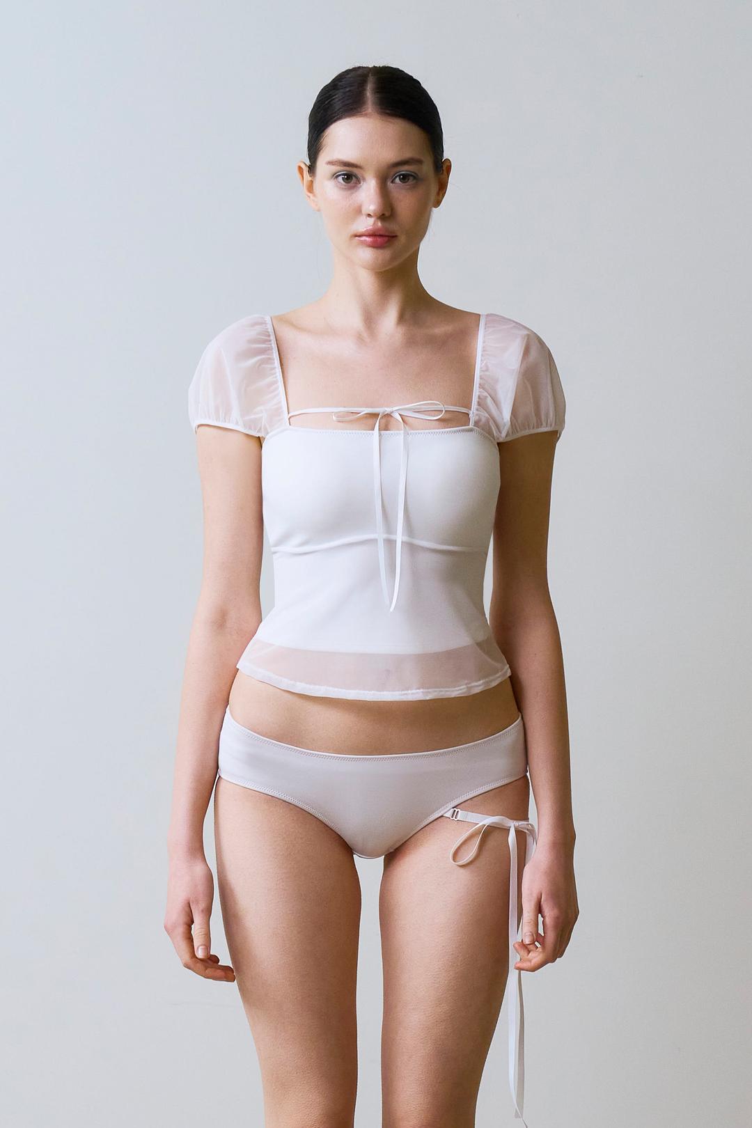 [리퍼브] 리본 시스루 퍼프 하프탑 비키니브라 (White)