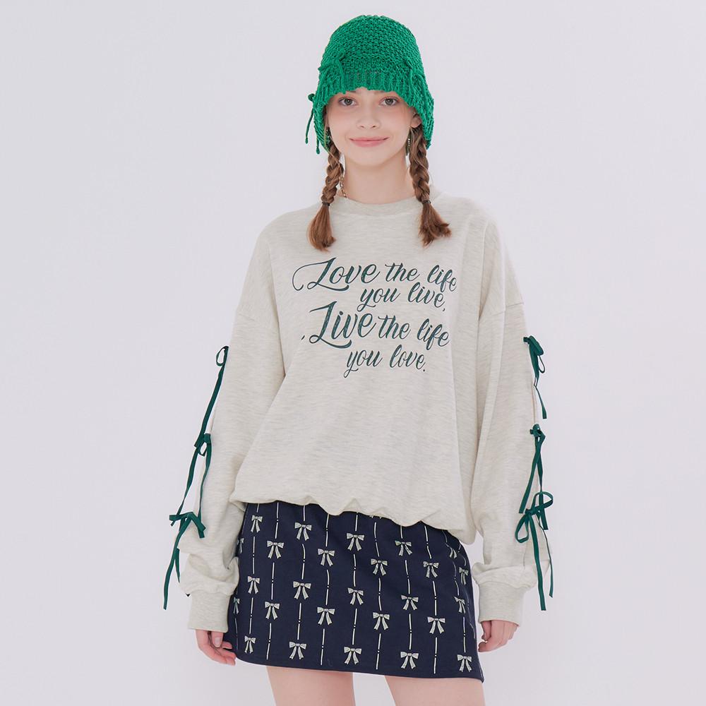 메타퍼 여성 맨투맨 프린팅 긴팔 티셔츠 스웻셔츠 리본 오트밀