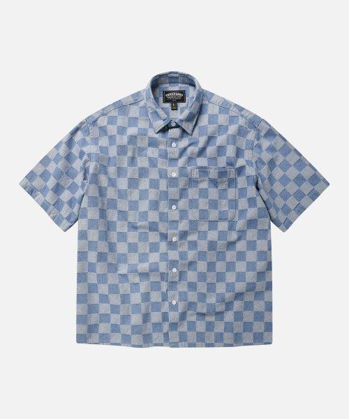 CHECKERBOARD DENIM HALF SHIRT  _ LIGHT BLUE