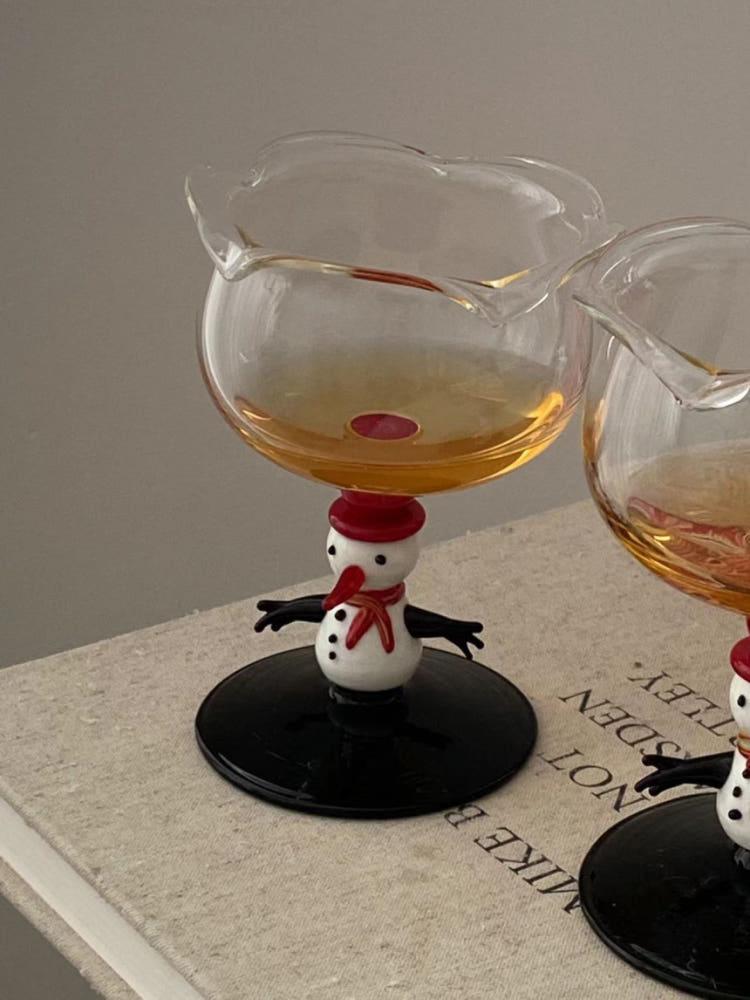 쏠띵즈 크리스마스 눈사람 레드리본 천연스톤 고블렛 유리잔