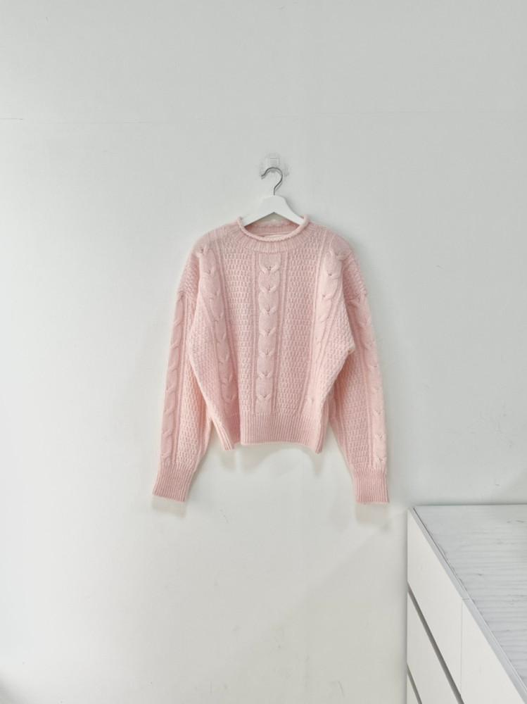 핑크 당일 / ounce 온스 키드모 케이블 니트 라운드 꽈배기 루즈핏 nt (2 color)