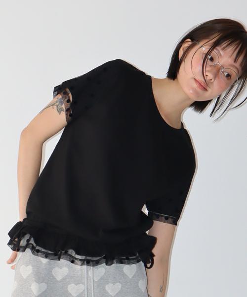 DOT MESH FRILL SHORT SLEEVE T SHIRT BLACK