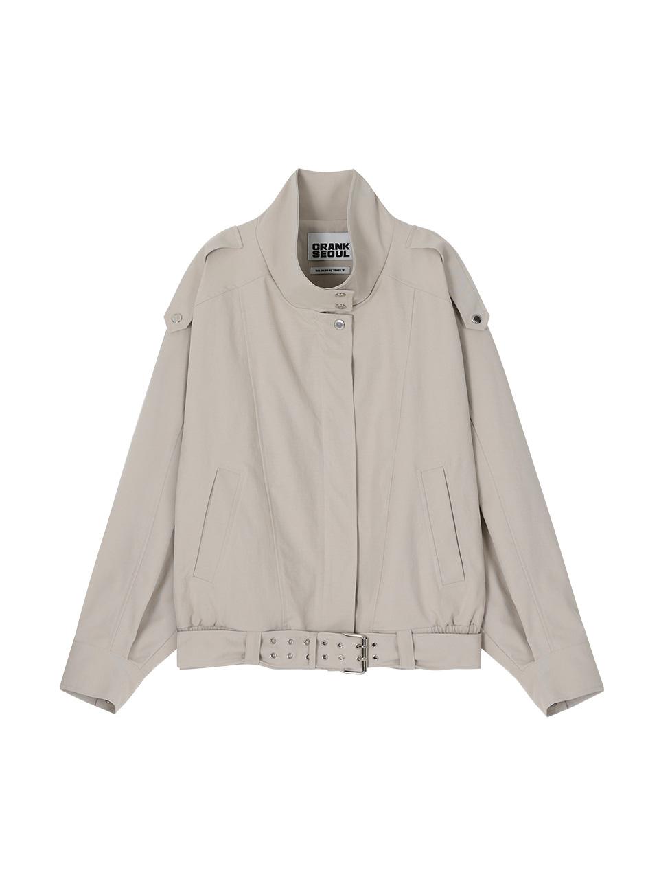 HIGH NECK BELTED BLOUSON JACKET_BEIGE