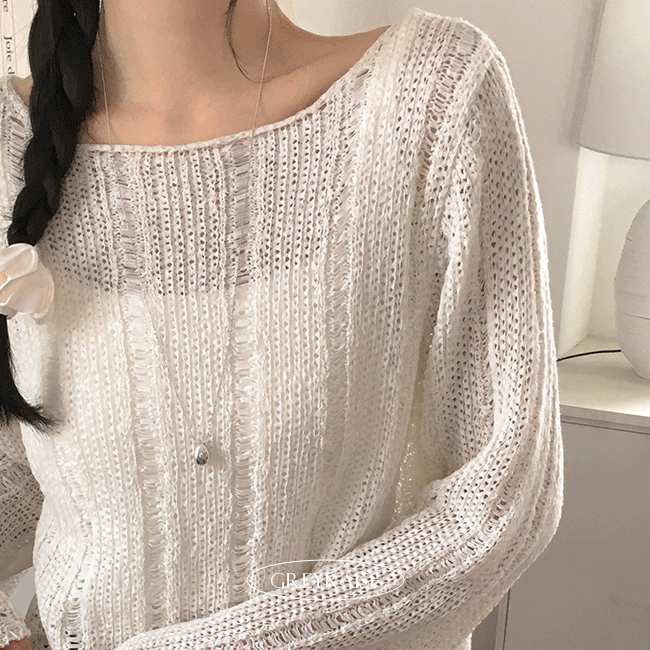 [살안타템!/그물니트] 네트입술넥롱슬리브니트티 (5color)