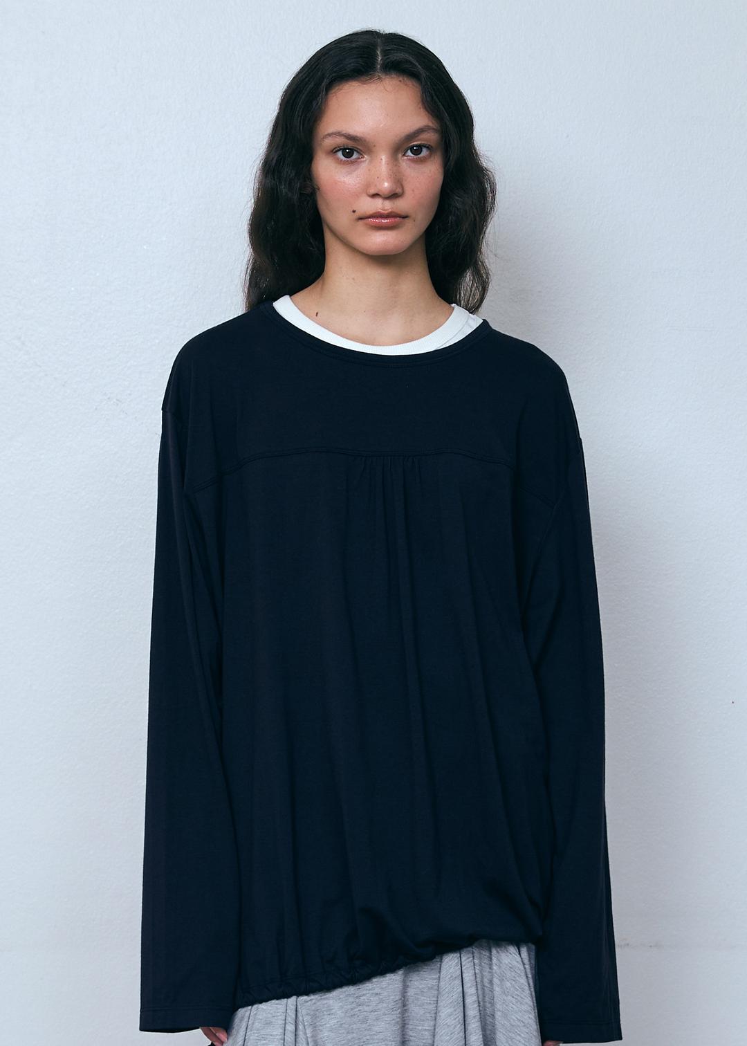Front Shirring Long Sleeve Top_Dark Navy