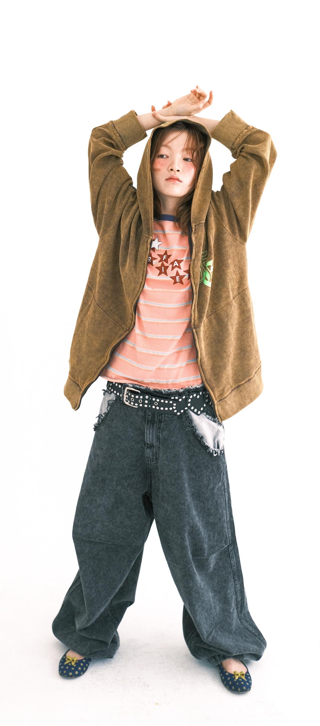 3차★[F.E.E.S] color washing waffle zip-up (brown)