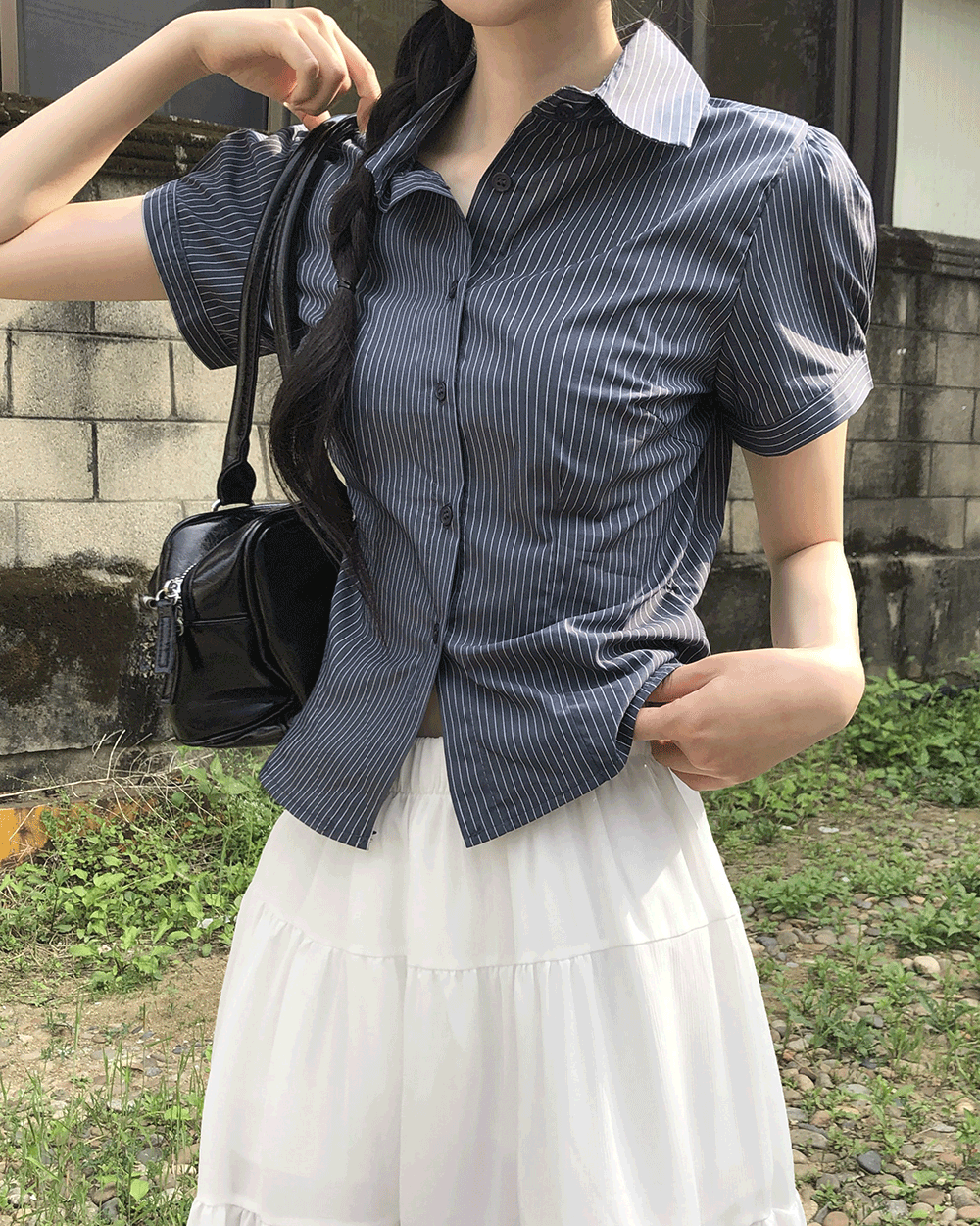 온티 스트라이프 퍼프 슬림핏 반팔 셔츠