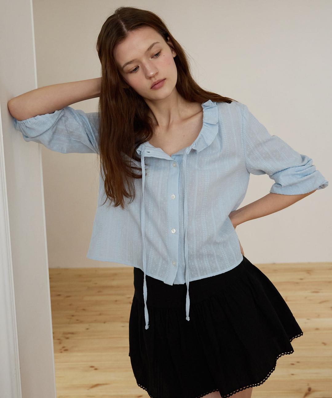 Claire Ribbon Ruffle Balloon Blouse ( Skyblue )