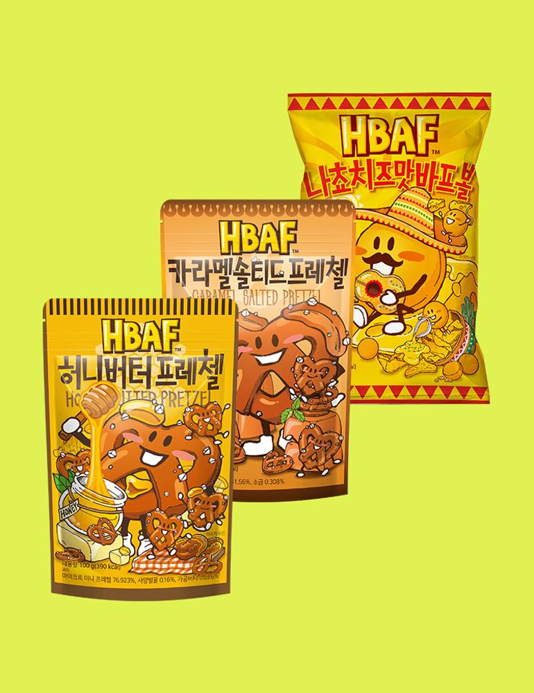 HBAF 스낵 3종 골라담기 (허니버터 카라멜 솔티드 프레첼 / 나쵸치즈맛 바프볼)