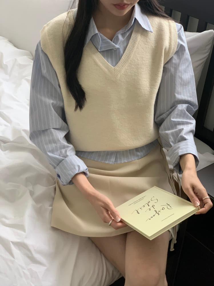 위드 니트뷔스티에 브이넥 울 캐시미어 베스트 조끼 