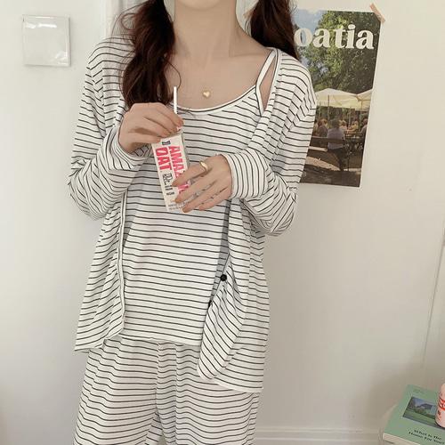 3피스 스트라이프 가디건 잠옷 순면 여성 긴팔 공주 빅사이즈 파자마 세트 화이트