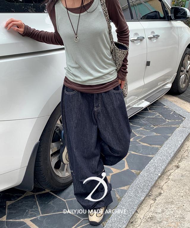 데일리쥬 [MADE] 네빈스 생지 논페이드 와이드 벌룬 데님팬츠