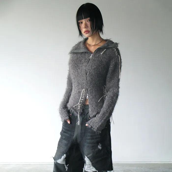 HARLOW DAMAGED KNIT JACKET atb1388w(GREY)