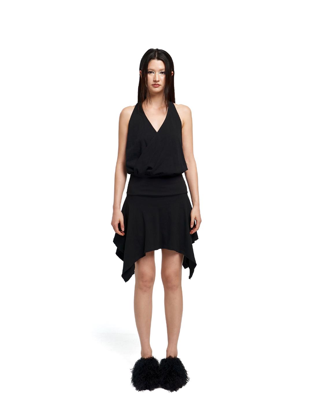 Washed cotton halter top dress (black)