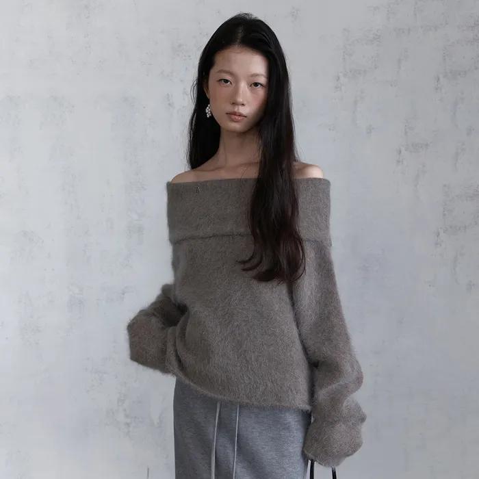 FLEECY ANGORA OFF SHOULDER KNIT (TAUPE BEIGE)