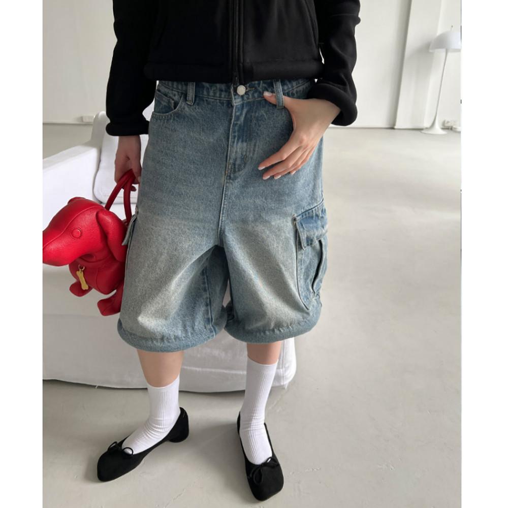 Rockrio Rarelicold 데님 하프 팬츠 와이드핏 연청 데님 반바지 긱시크룩