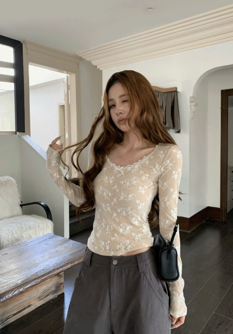 플라워 시스루 레이스 티셔츠(5536)