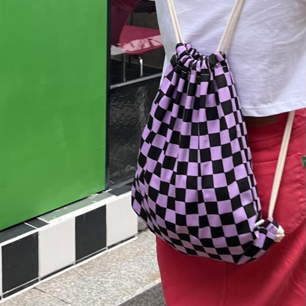 컬러 체커보드 스트링 백팩 (Purple,Charcoal)