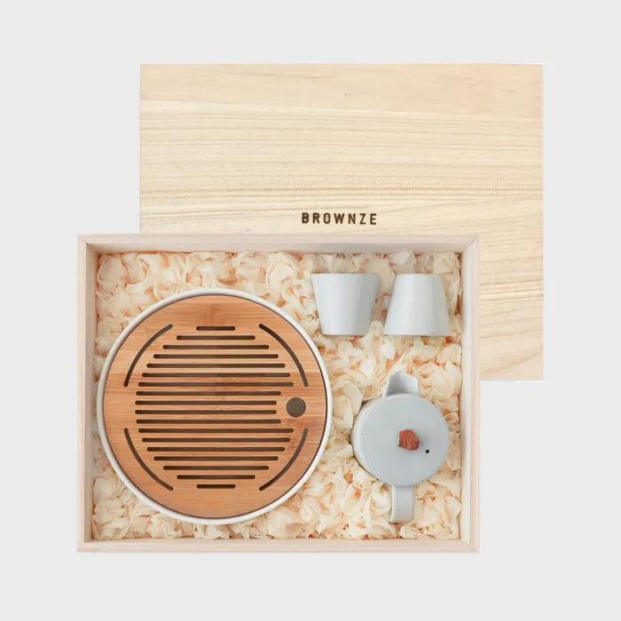 아침햇볕 대나무 차판 화이트 다기 선물세트