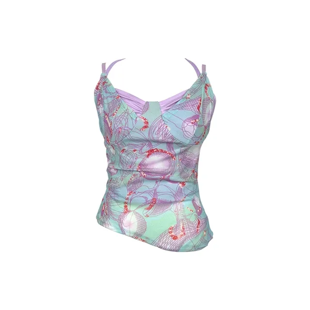 🎀해외여행룩; 유니크 빈티지 y2k 프린팅 홀터넥 나시 레이어드 시스루 망사 크롭 언발 뷔스티에