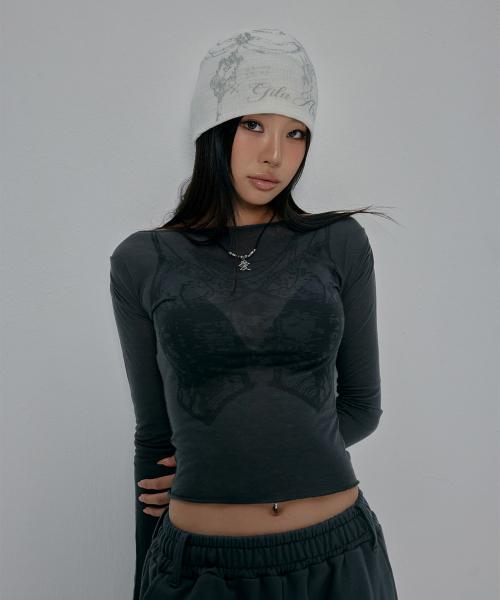 CORSET SHEER LONG SLEEVE_CHARCOAL