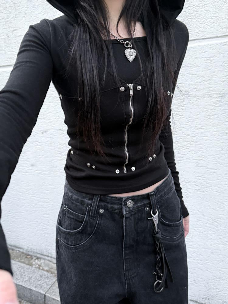 애리 리벳 슬림 크롭 후드 집업(2color)