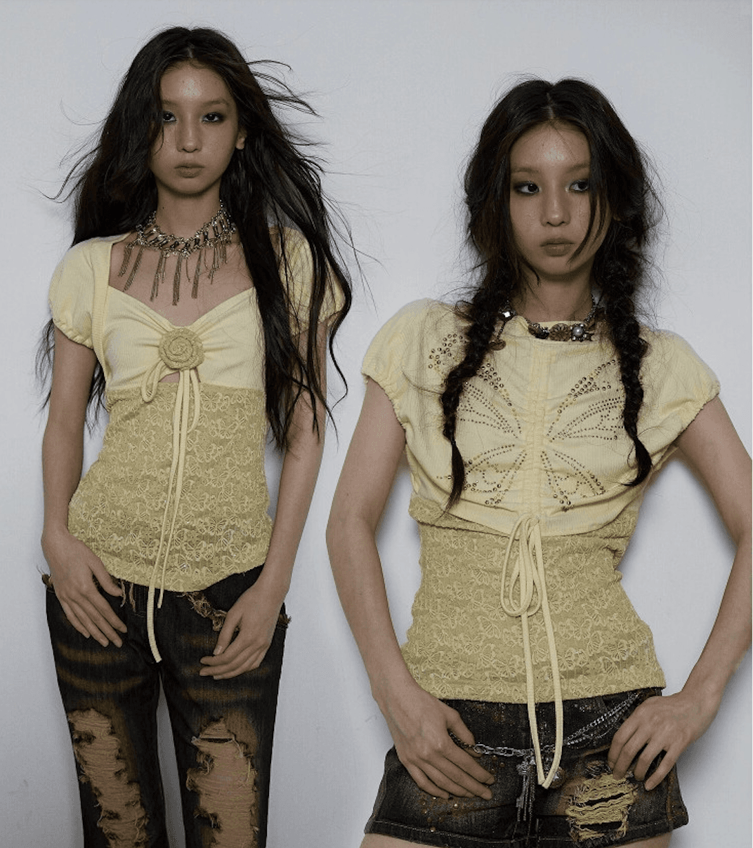 NO ROMANCE 노로맨스 나비 레이스 니트 퍼프 반팔 티 y2k 상의