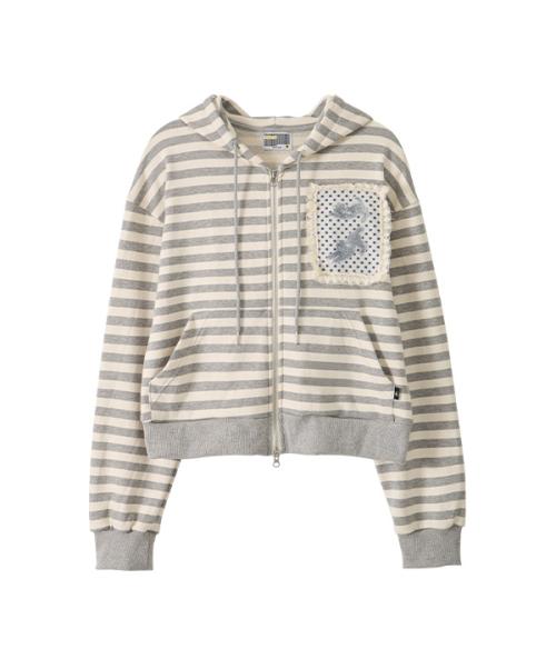 Lace Frame Stripe Hood Zip-Up_Light Gray