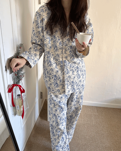 [unisex] 브러쉬 누빔 오버핏 긴팔 파자마 set