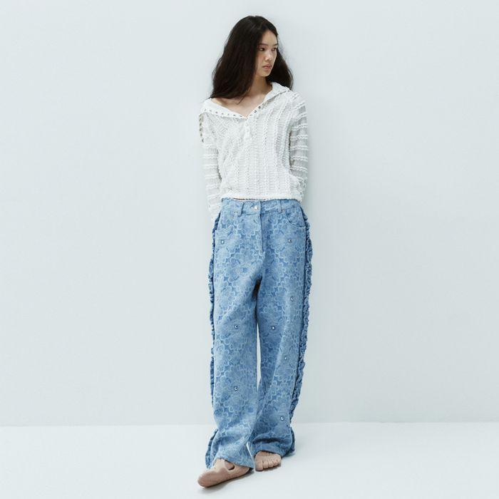 G_STUD FLOWER CUT FRILL PANTS / SKY BLUE [2nd Reorder]