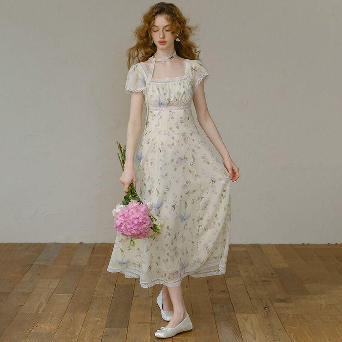 Cest_Lace floral chiffon scarf dress
