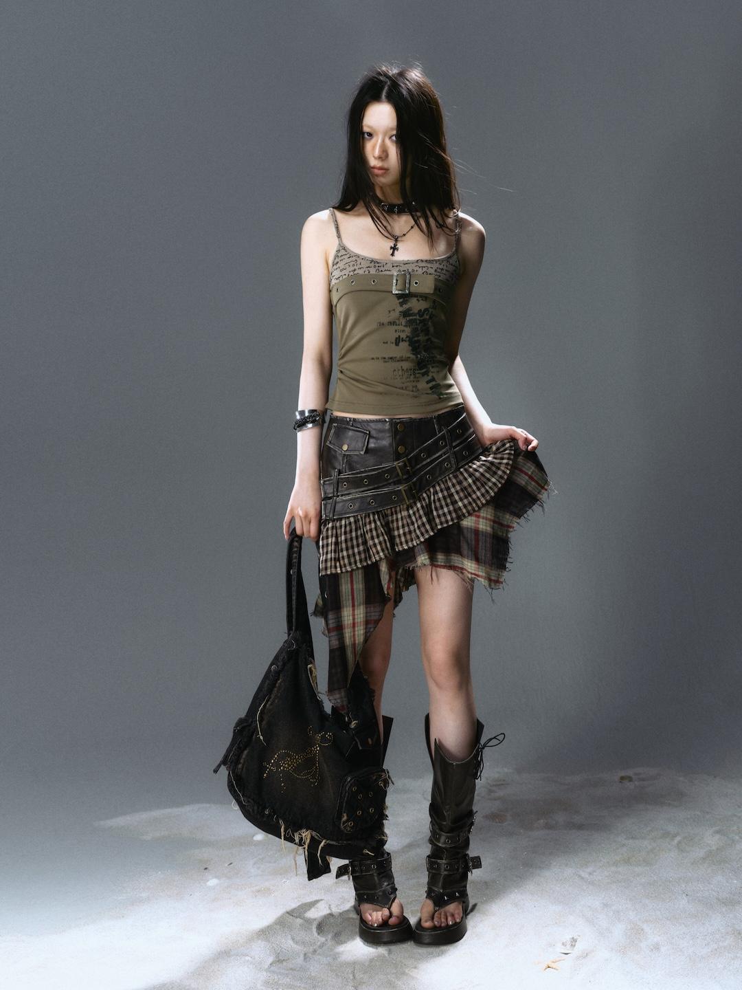 Cest Nous Loving Leather Plaid Irregular Skirt
