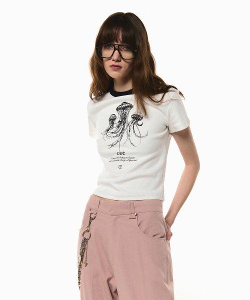 JELLYFISH PRINTED CROP TEE [WHITE]