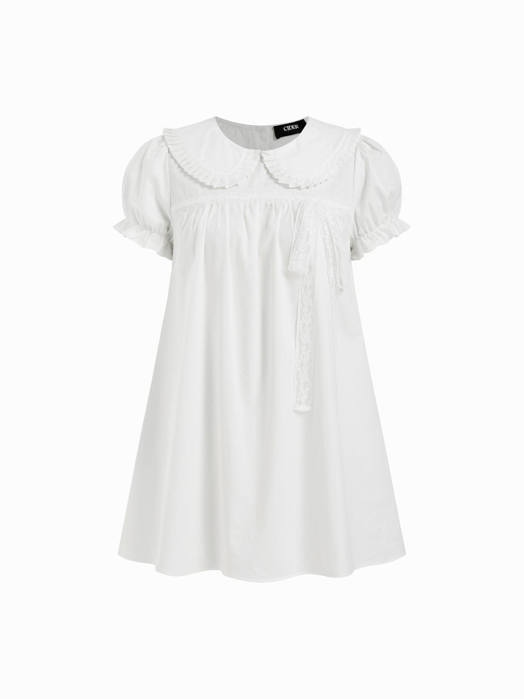 100% Cotton Peter Pan Collar Puff Sleeve Lace Trim Mini Dress