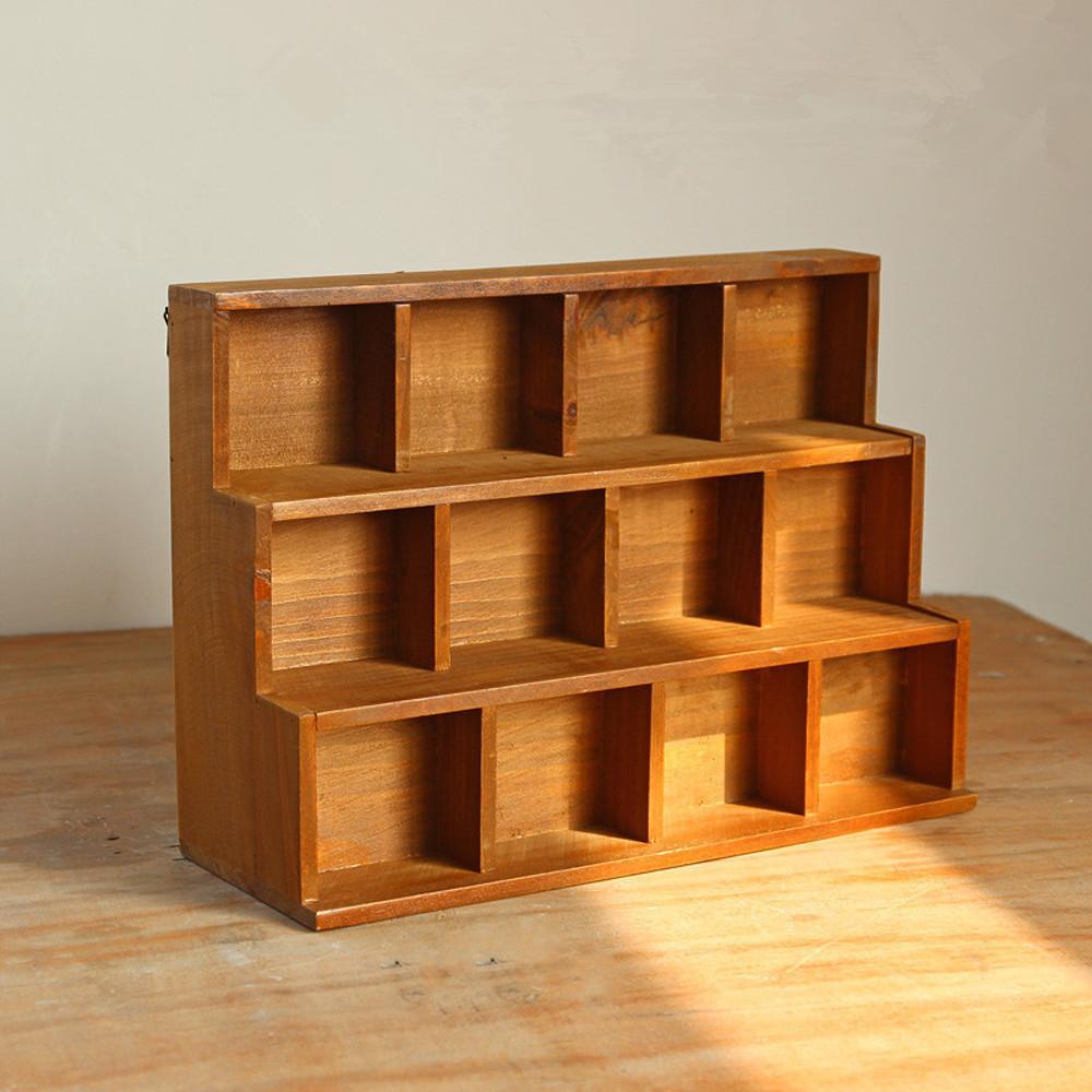 빈티지 우드 수납장 원목 나무 계단식 선반 12칸 진열장 인테리어 피규어 소품 수납함
