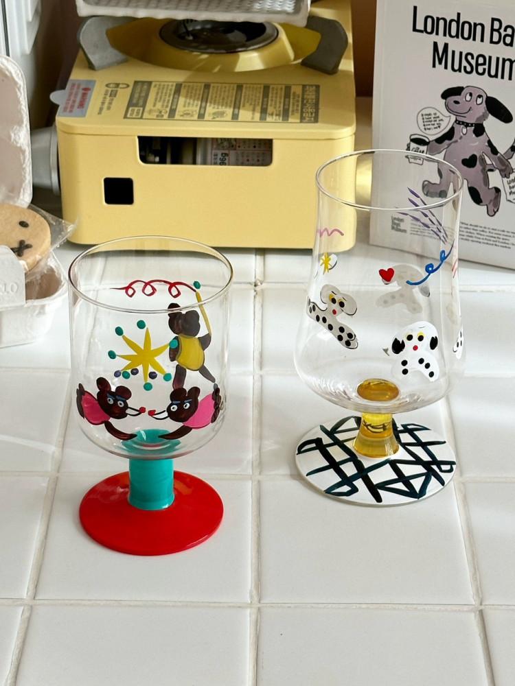 곰돌이 유리컵 고블렛 아이스 글라스 언더락 와인잔